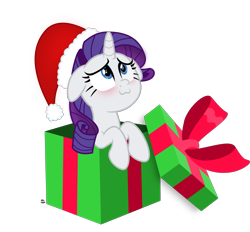 Size: 2621x2435 | Tagged: safe, artist:anime-equestria, rarity, pony, unicorn, :3, adorable face, blushing, bow, box, christmas, cute, female, hat, holiday, horn, mare, pony in a box, present, raribetes, simple background, smiling, solo, transparent background, vector, weapons-grade cute