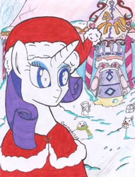 Size: 2512x3282 | Tagged: safe, artist:oatmeal155, rarity, pony, unicorn, carousel boutique, christmas, clothes, hat, hearth's warming, hearts warming day, holiday, santa hat, scarf, snow, snowpony