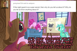 Size: 1280x854 | Tagged: safe, artist:ruffu, lyra heartstrings, pinkie pie, oc, oc:pun, earth pony, pony, ask, ask pun