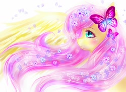 Size: 1200x876 | Tagged: safe, artist:ashleycl, fluttershy, butterfly, pegasus, pony, blushing, bust, cute, flower, flower in hair, petals, portrait, profile, shyabetes, solo, wings