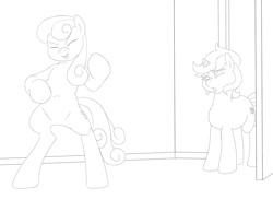 Size: 1500x1096 | Tagged: safe, artist:amaraburrger, bon bon, lyra heartstrings, sweetie drops, earth pony, pony, unicorn, air guitar, cutie mark, door, duo, horn, monochrome