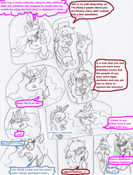 Size: 1175x1543 | Tagged: safe, artist:tmntfan85, princess celestia, princess luna, oc, alicorn, dracony, hybrid, original species, pony, comic, female, implied celestibra, interspecies offspring, offspring, original character do not steal, parent:applejack, parent:spike, parents:applespike, pencil drawing, teary eyes, traditional art