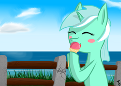 Size: 4960x3508 | Tagged: safe, artist:twistcable, lyra heartstrings, pony, unicorn, cute, eating, food, ice cream, ocean, solo, summer