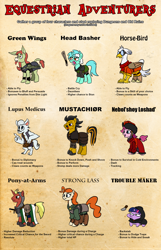 Size: 1500x2331 | Tagged: safe, artist:velgarn, lyra heartstrings, twilight sparkle, oc, oc only, oc:dr. wolf, oc:firebrand, oc:holivi, oc:nordpone, oc:overhaul, oc:silver quill, oc:toonbat, anthro, bat pony, diamond dog, earth pony, hippogriff, hybrid, mule, pegasus, pony, unicorn, wolf, adventurer, armor, bag, barbarian, barding, belt, brooch, celtic, chainmail, cloak, clothes, club, cowl, cyrillic, dagger, dungeons and dragons, explorer, explorer outfit, fantasy, female, goggles, group, hat, healer, horseshoes, knife, knight, latin, male, mare, medieval, pen and paper rpg, ponyfinder, rpg, russian, saddle bag, scarf, scoundrel, seeds of harmony, shoulder bag, soldier, soldier pony, stallion, style emulation, sword, twiggie, weapon, winter outfit