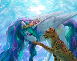 Size: 900x721 | Tagged: safe, artist:lusille, princess celestia, alicorn, cheetah, pony, fanfic:moon rise, fanfic art, female, fluffy, forest, forest background, frown, lidded eyes, looking down, mare, sad, sitting, solo, teary eyes, tree, winter