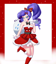 Size: 3500x4000 | Tagged: safe, artist:melliedraws, rarity, human, bare shoulders, boots, christmas, clothes, female, holiday, humanized, ponytail, santa sack, shoes, skirt, sleeveless, solo