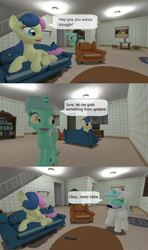 Size: 1920x3240 | Tagged: safe, artist:soad24k, bon bon, lyra heartstrings, sweetie drops, earth pony, pony, unicorn, 3d, armor, comic, facehoof, female, gmod, lesbian, living room, lyrabon, mask, shipping, sofa, television