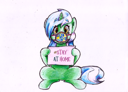 Size: 2082x1496 | Tagged: safe, artist:manny b.garcia, artist:mannybcadavera, lyra heartstrings, pony, unicorn, colored pencil drawing, coronavirus, covid-19, cutie mark, implied bon bon, looking at you, paper, sitting, solo, stay at home, traditional art