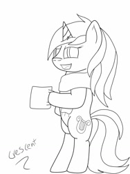 Size: 965x1280 | Tagged: safe, artist:crescentpony, lyra heartstrings, pony, unicorn, bipedal, clothes, cup, female, hoof hold, lineart, mare, monochrome, mug, scarf, signature, solo