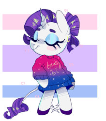 Size: 503x573 | Tagged: safe, artist:peachesandcreamated, rarity, pony, semi-anthro, unicorn, bisexual pride flag, clothes, ear piercing, earring, eyelashes, eyes closed, hoof fluff, jewelry, leonine tail, makeup, piercing, pride, pride flag