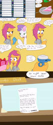 Size: 2420x5640 | Tagged: safe, artist:jake heritagu, pinkie pie, scootaloo, sweetie belle, earth pony, pony, comic:ask motherly scootaloo, absurd resolution, ask, bell, birthday cake, cake, card, clothes, comic, desk, food, fork, letter, motherly scootaloo, party horn, plate, present, sweatshirt
