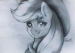 Size: 653x466 | Tagged: safe, artist:ciderpunk, artist:zuruck, derpibooru exclusive, applejack, earth pony, pony, black and white, grayscale, monochrome, pencil drawing, traditional art