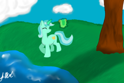 Size: 1500x1000 | Tagged: safe, artist:dizaster321, lyra heartstrings, pony, unicorn, cute, eyes closed, levitation, lyre, magic, musical instrument, telekinesis, tree