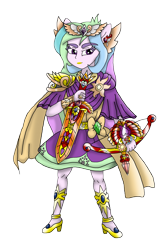 Size: 2552x3900 | Tagged: safe, artist:pokecure123, philomena, princess celestia, principal celestia, equestria girls, akazukin cha cha, arrow, bow, shield, solo, sword, weapon