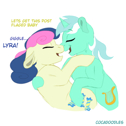 Size: 1600x1600 | Tagged: safe, artist:cocadoodles, bon bon, lyra heartstrings, sweetie drops, earth pony, pony, unicorn, eyes closed, female, floppy ears, hug, lesbian, lyrabon, mare, misspelling, shipping, simple background, tumblr, white background