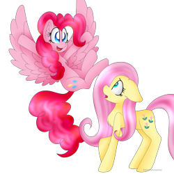 Size: 3000x3000 | Tagged: safe, artist:cosmiickatie, fluttershy, pinkie pie, posey, earth pony, pegasus, pony, alternate cutie mark, body part swap, chest fluff, duo, earth pony fluttershy, floppy ears, kinetic contrast, looking at each other, open mouth, pegasus pinkie pie, pun, race swap, simple background, surprised, transparent background, visual pun