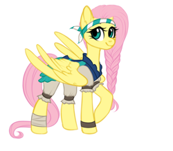 Size: 3200x2800 | Tagged: safe, artist:ev0ch, fluttershy, pegasus, pony, my little pony: the movie, braid, clothes, female, headband, looking at you, looking sideways, mare, pirate fluttershy, pirate outfit, raised hoof, simple background, smiling, solo, white background, wings, wristband