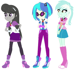 Size: 575x536 | Tagged: safe, artist:sarahalen, dj pon-3, lyra heartstrings, octavia melody, vinyl scratch, equestria girls, rainbow rocks, alternate hairstyle, alternate universe, boots, clothes, female, fingerless gloves, gem, gloves, high heel boots, leggings, pants, shoes, simple background, siren gem, skirt, trio, trio female, white background