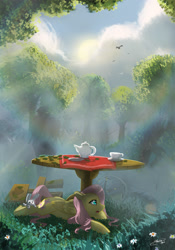 Size: 2067x2953 | Tagged: safe, artist:mechagen, angel bunny, fluttershy, human, pegasus, rabbit, fanfic:the youth in the garden, american civil war, animal, fanfic, fanfic art, garden, scenery, scenery porn, signature, soldier, table