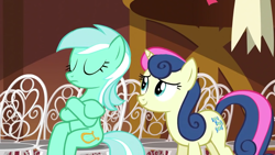 Size: 1280x720 | Tagged: safe, edit, edited screencap, screencap, bon bon, lyra heartstrings, sweetie drops, earth pony, pegasus, pony, slice of life (episode), chair, crossed hooves, female, lyrabon, race swap, sitting, sitting lyra, smiling, unamused