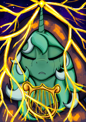 Size: 879x1240 | Tagged: safe, artist:komahu, lyra heartstrings, pony, unicorn, crying, lyre, magic, musical instrument, solo