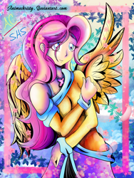 Size: 1024x1365 | Tagged: safe, artist:animechristy, fluttershy, equestria girls, anime, cherry blossoms, clothes, cloud, flower, flower blossom, flower in hair, jasmine, leaves, sweater, sweatershy, winged humanization, wings