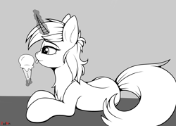 Size: 3220x2304 | Tagged: safe, artist:redmn, lyra heartstrings, pony, unicorn, female, food, ice cream, magic, mare, monochrome, prone, simple background, solo, telekinesis, tongue out