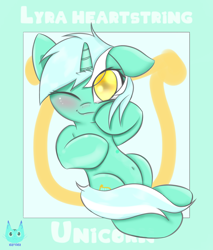 Size: 2300x2700 | Tagged: safe, artist:natu-na, lyra heartstrings, pony, unicorn, blushing, cute, cutie mark background, female, high res, looking at you, lyrabetes, mare, no pupils, one eye closed, solo, wink