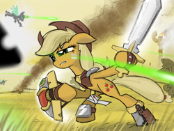 Size: 2048x1536 | Tagged: safe, artist:qzygugu, part of a set, applejack, changeling, earth pony, pony, armor, bandage, fight, frown, hoof hold, shield, squint, sword, weapon