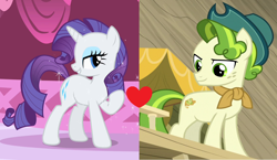 Size: 1238x720 | Tagged: safe, edit, edited screencap, screencap, pistachio, rarity, pony, unicorn, best gift ever, green isn't your color, female, male, raristachio, shipping, shipping domino, straight