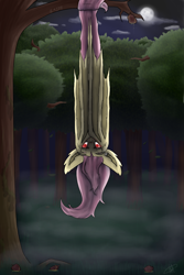 Size: 2803x4200 | Tagged: safe, artist:lastaimin, fluttershy, bat pony, flutterbat, hanging, high res, moon, night, race swap, solo, tree, upside down