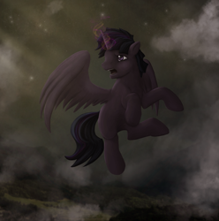 Size: 1600x1610 | Tagged: safe, artist:anemonepetal, derpibooru import, dusk shine, prince dusk, twilight sparkle, twilight sparkle (alicorn), alicorn, pony, angry, cloud, cloudy, dawn, dusk, fight, magic, rule 63, sky, solo, spell, stars