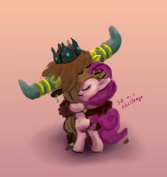 Size: 1000x1053 | Tagged: safe, artist:xbi, pinkie pie, prince rutherford, earth pony, pony, yak, 30 minute art challenge, female, hug, interspecies, male, pinkieford, shipping, straight