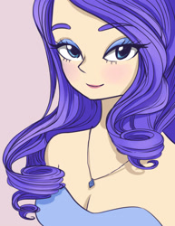 Size: 1235x1600 | Tagged: safe, artist:0cilo, rarity, human, bare shoulders, beautiful, breasts, bust, cleavage, cute, eyeshadow, female, humanized, jewelry, lidded eyes, looking at you, makeup, necklace, purple background, raribetes, simple background, solo