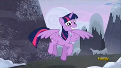 Size: 1433x806 | Tagged: safe, derpibooru import, screencap, twilight sparkle, twilight sparkle (alicorn), alicorn, pony, the cutie map, female, grin, happy, mare, mountain, smiling, snow, solo, spread wings, wings