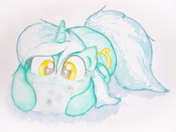 Size: 4032x3024 | Tagged: safe, artist:papersurgery, lyra heartstrings, pony, unicorn, cute, female, looking down, lyrabetes, mare, sitting, solo, traditional art, watercolor painting