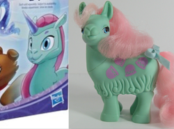 Size: 500x369 | Tagged: safe, rarity, winona, dog, llama, pony, unicorn, g1, my little pony: pony life, cha cha, female, g1 to g4.5, hasbro, hasbro logo, official, pony friends, reveal the magic, toy