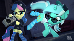 Size: 3840x2160 | Tagged: safe, artist:owlpirate, bon bon, lyra heartstrings, sweetie drops, earth pony, pony, unicorn, 3d, bipedal, breakdancing, clothes, dancing, duo, duo female, ear piercing, earring, female, glasses, hat, hoodie, hoof hold, jewelry, mare, piercing, radio, smiling, socks, source filmmaker, standing, standing on one leg, striped socks, sunglasses