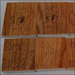 Size: 362x362 | Tagged: safe, artist:dawn-designs-art, artist:sapphire-burns-art, bon bon, lyra heartstrings, sweetie drops, earth pony, pony, unicorn, cutie mark, photo, pyrography, traditional art, wood