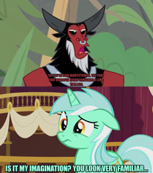 Size: 1280x1440 | Tagged: safe, edit, edited screencap, editor:jaredking203, screencap, lord tirek, lyra heartstrings, centaur, pony, unicorn, frenemies (episode), slice of life (episode), caption, female, floppy ears, image macro, implied queen chrysalis, male, mare, meme, open mouth, text, worried