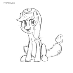 Size: 1700x1700 | Tagged: safe, artist:hypno, applejack, earth pony, pony, chest fluff, happy, monochrome, sitting, sketch, solo