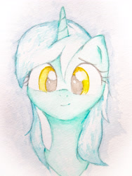 Size: 3024x4032 | Tagged: safe, artist:papersurgery, lyra heartstrings, pony, unicorn, bust, female, looking at you, mare, smiling, solo, traditional art, watercolor painting