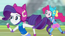 Size: 1280x720 | Tagged: safe, edit, edited screencap, screencap, pinkie pie, rarity, equestria girls, friendship games, breast edit, breasts, duo, female, roller skates, small breasts, speed lines