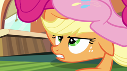 Size: 1280x720 | Tagged: safe, screencap, applejack, pinkie pie, earth pony, pony, games ponies play, facesitting, unamused