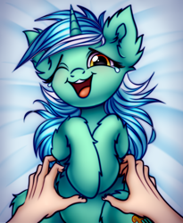 Size: 1888x2300 | Tagged: safe, artist:mite-lime, lyra heartstrings, human, pony, unicorn, belly fluff, crying, cute, disembodied hand, ear fluff, female, hand, hooves to the chest, laughing, leg fluff, lyrabetes, mare, offscreen character, offscreen human, on back, one eye closed, open mouth, tears of laughter, tickling