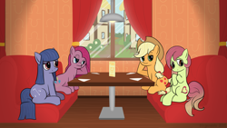 Size: 3200x1800 | Tagged: safe, artist:underwoodart, applejack, pinkie pie, oc, oc:artline, oc:cosmia nebula, earth pony, pony, canon x oc, double date, female, lesbian, mare, pinkamena diane pie, restaurant, shipping