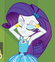 Size: 961x1080 | Tagged: safe, screencap, rarity, better together, equestria girls, holidays unwrapped, armpits, bracelet, canterlot high, cropped, cute, eyes closed, eyeshadow, female, geode of shielding, hallway, jewelry, lockers, magical geodes, makeup, o come all ye squashful, raribetes, solo