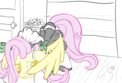 Size: 2876x1968 | Tagged: safe, artist:velvet frame, fluttershy, pegasus, pony, blushing, bookshelf, bow, clothes, cute, door, embarrassed, face down ass up, female, fluttermaid, gloves, looking back, maid, shoes, sketch, spread wings, wings, wooden floor