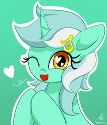 Size: 920x1080 | Tagged: safe, artist:truffle shine, lyra heartstrings, pony, unicorn, bust, cute, cutie mark accessory, female, floating heart, green background, heart, heart eyes, hooves together, looking at you, lyrabetes, mare, one eye closed, open mouth, portrait, simple background, solo, wingding eyes, wink