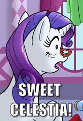 Size: 817x1189 | Tagged: safe, artist:muffinshire, edit, rarity, pony, unicorn, caption, cropped, glasses, image macro, rarity's glasses, reaction image, shocked, solo, sweet celestia, text